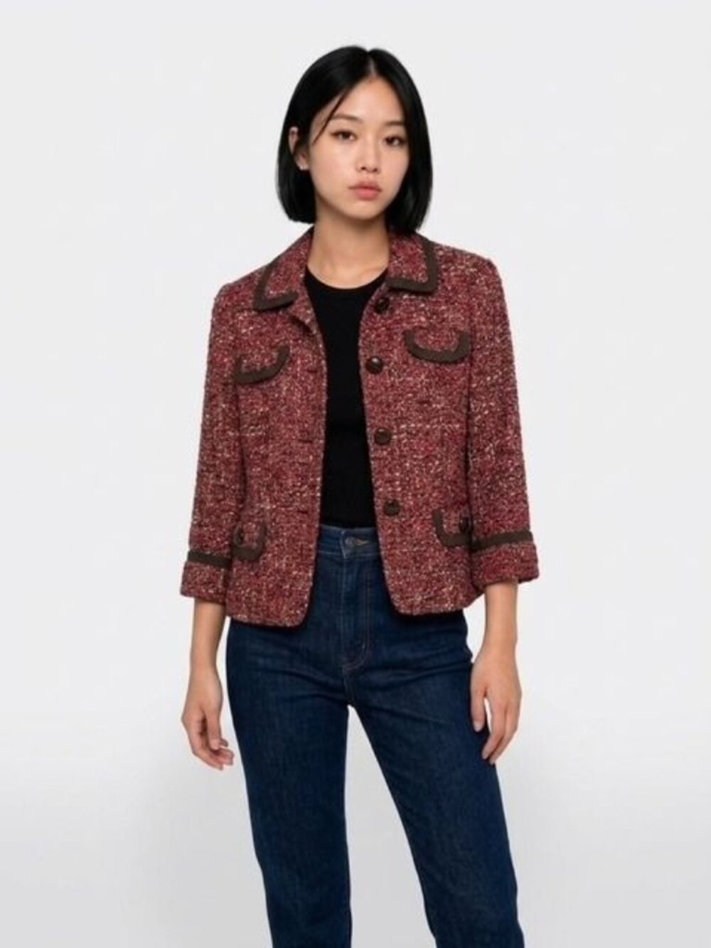 Talbots Women's Burgundy Tweed Jacket With Brown Trim Button Front 3/4 Sleeves - Picture 5 of 6
